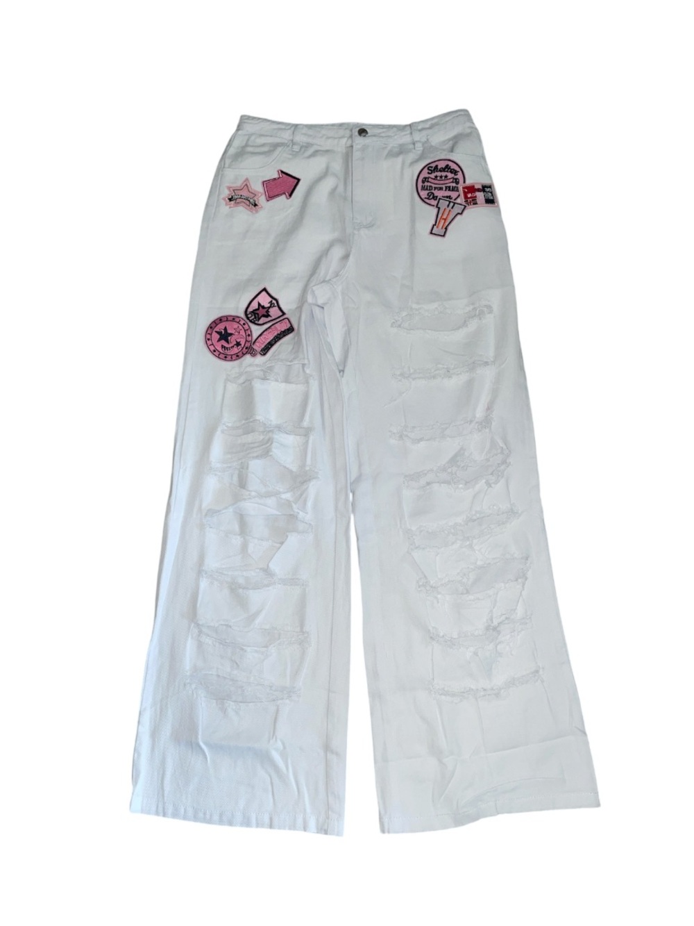 Hot and Delicious distressed, white trouser, patchwork pants